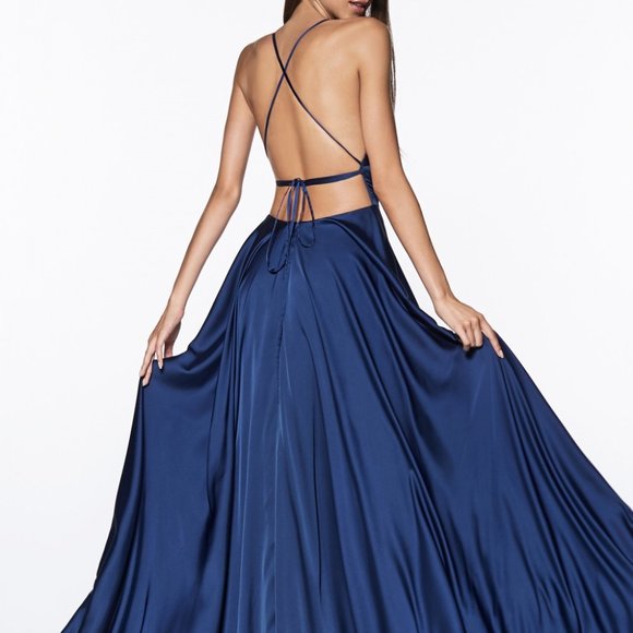 NAVY PROM PARTY EVENING Straight Neck A-Line Satin MAXI LONG Dress CDCJ527 - Picture 2 of 5